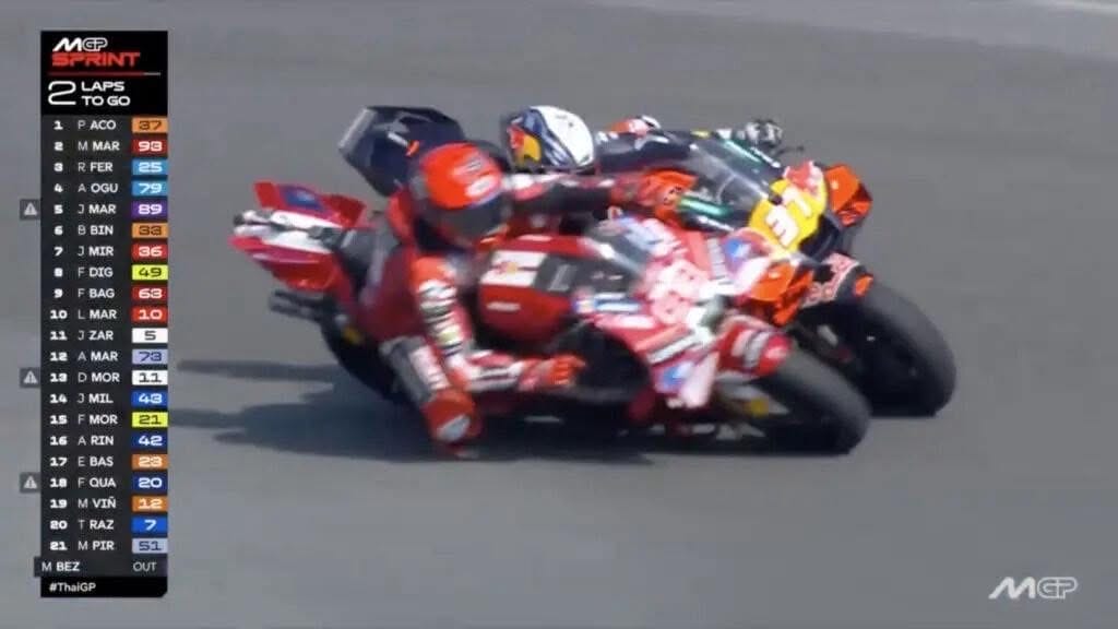 Il “contatto” tra Pedro Acosta e Marc Marquez nella Sprint a Buriram